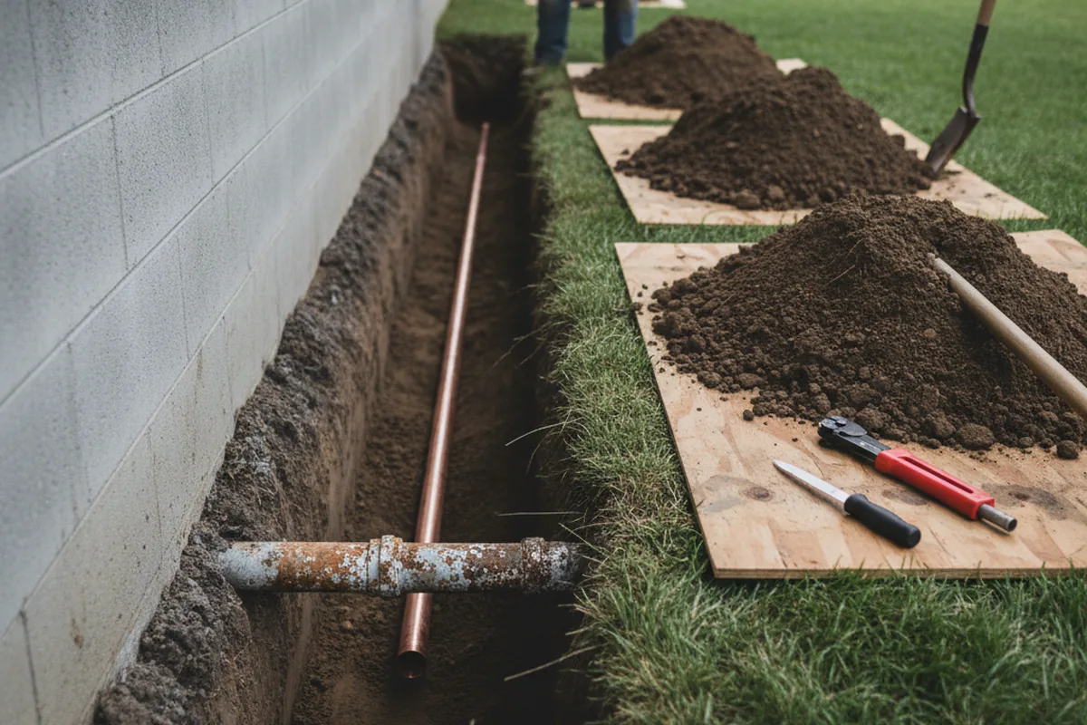 Excavated water line trench during Water Softener Installation in Danbury